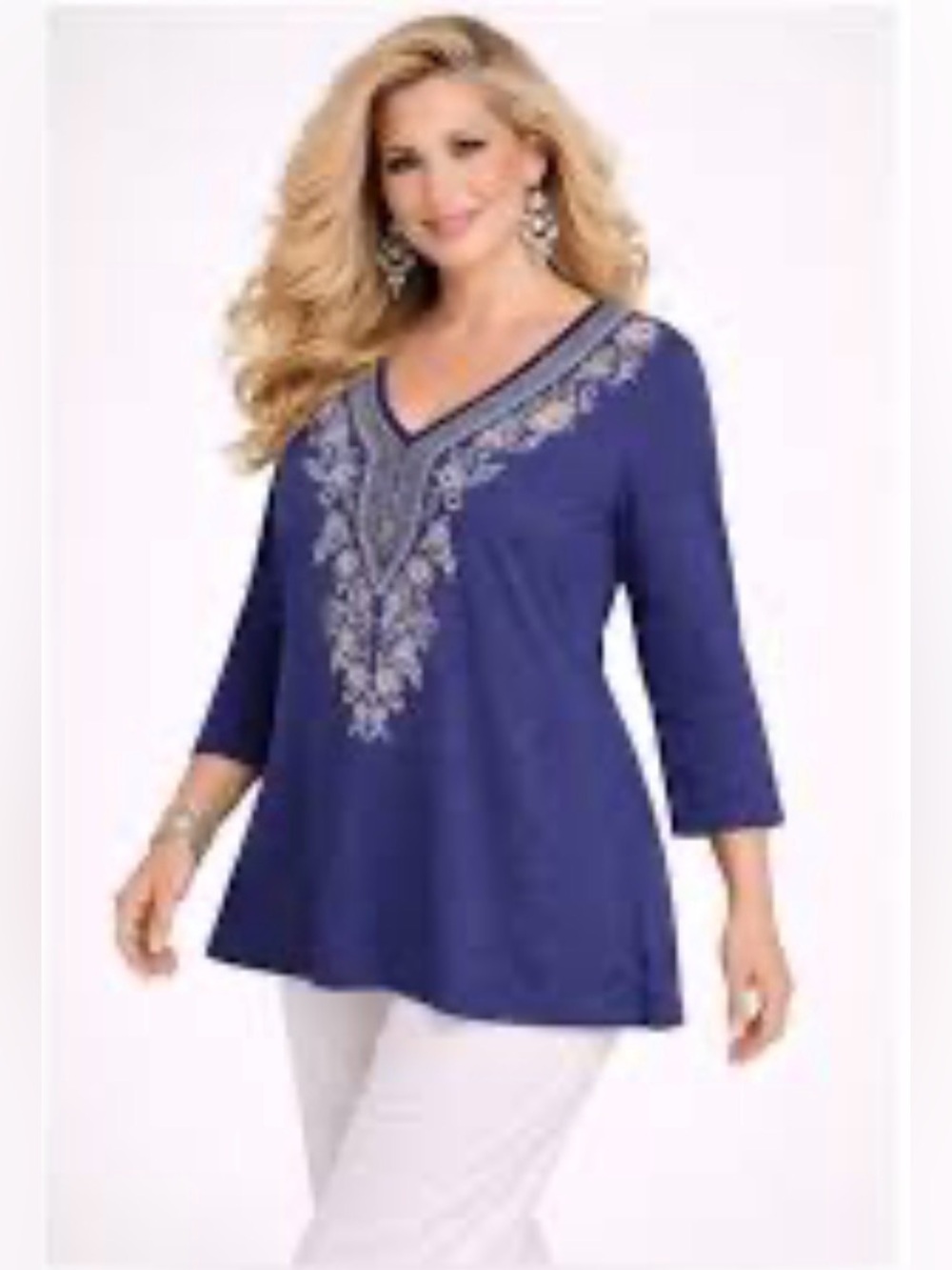 J. Jill Boho Blue Tunic Top White Embroidered Neckline Resortwear Peasant Casual